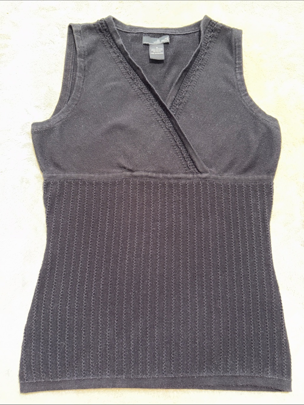Vintage Willi Smith Black Ribbed Knit Top Cotton Surplice V-Neck Tank Size S